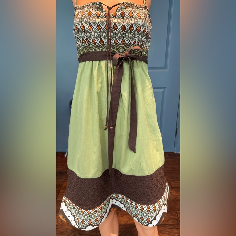 Niche Y2K Green Brown Geometric Spaghetti Strap Cami Dress Size L